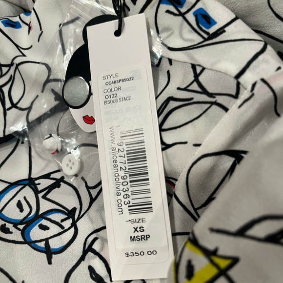 NWT Alice + Olivia Willa Placket Top With Piping Bisous Stacey White XS - Picture 9 of 9